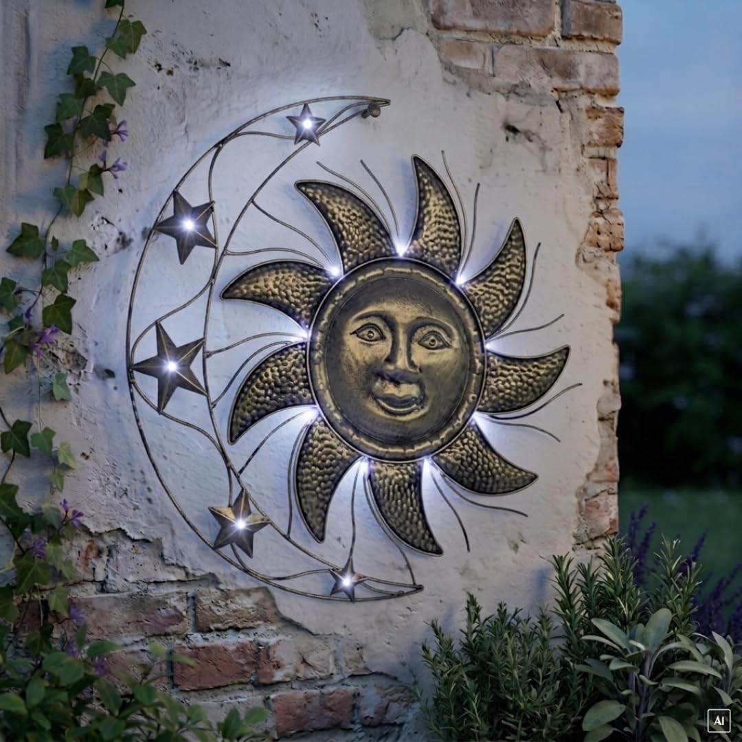 abc HOME Solar Wanddeko Sonne Mond Sterne Metall Garten Deko LED 52cm