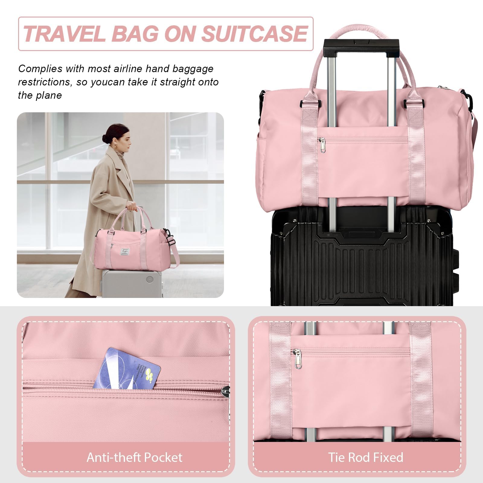 HYC00 Borsone Palestra Donna Uomo Borsa Sportiva con Scomparto Scarpe Borsone da Viaggio Sports Gym Bag Grande Borse da Palestra Piscina Donna Fitness Weekend Duffel Bag Borsa per Ospedale,Rosa