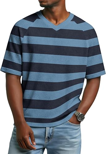 Waffle Shirts for Men Casual T-Shirts Short Sleeve Color Block Summer Tee Texture V Neck Workout Shirts Streetwear