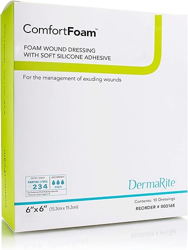 ComfortFoam - Apósito de espuma para heridas, 6 x 6 pulgadas, paquete de 10 adhesivos de silicona suave, altamente absorbente, sin látex,