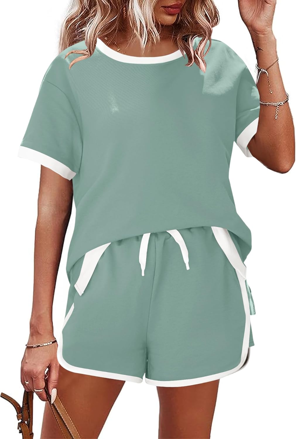 AKEWEI Shorts Sets Women 2 Piece Outfits Casual Short Sleeve Crewneck Tops and Drawstring Shorts Color Block Sets