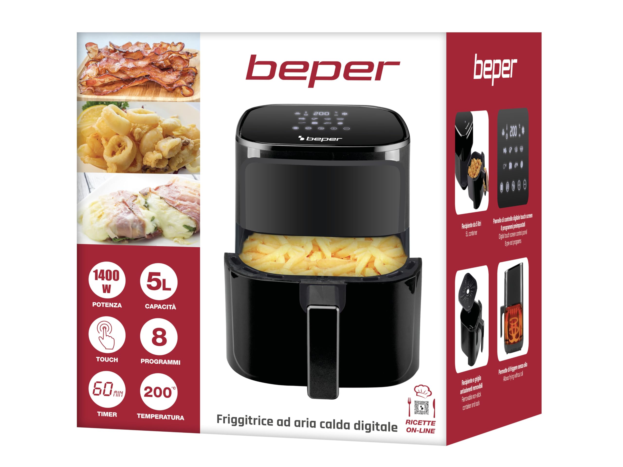 BEPER P101FRI051 Friggitrice ad aria calda, Friggi senza Olio 5 L, Display Touch, 8 Programmi, Regolabile fino 200°C, Timer 60 minuti, Spegnimento automatico, Nero