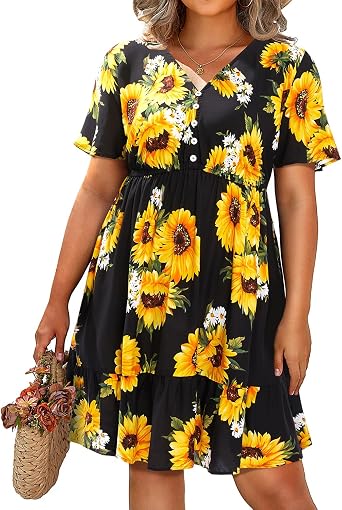 Pinup Fashion Womens Plus Size Boho Button Front Ruffle Dresses Short Sleeve Knee Length Summer Casual Swing Dress