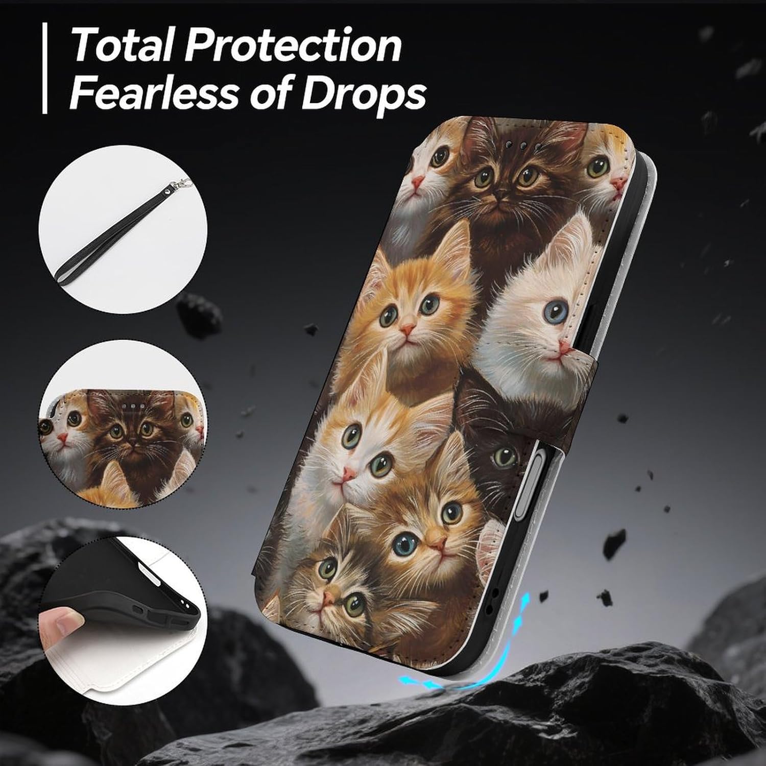 Furry Cats Compatible with iPhone 16/16 Plus/16 Pro/16 Pro Max/16 E Case Phone Wallet Card Holder Flip Cover with Wrist Strap