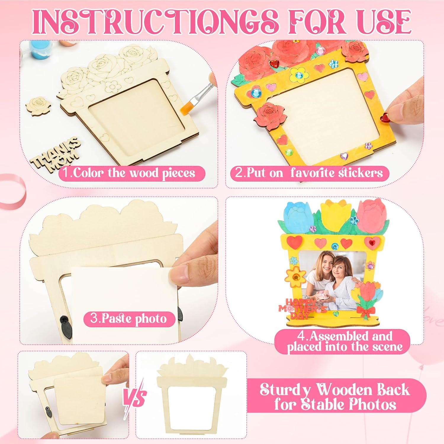 Blueweenly 12 Set Mother's Day Crafts Kit DIY Picture Frames with Small Wooden Signs Paints Diamond Stickers Color Your Own Wood Frame Gifts for Mother's Day Craft Activities Art Project