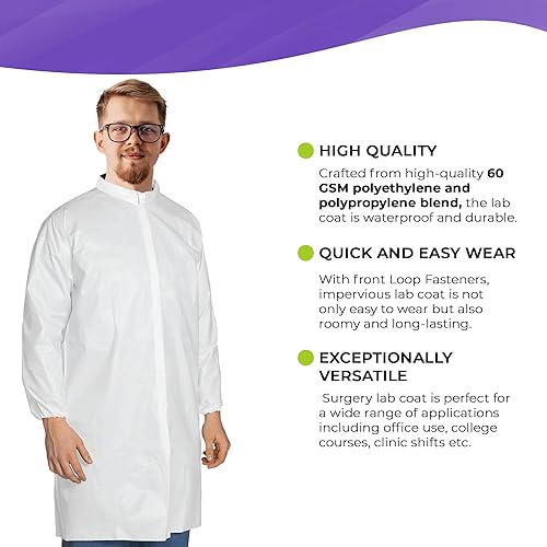 Miniatura 3 de AMZ Disposable Lab Coat, Medium. Pack of 10 White Disposable Lab Coats for Adults. 60 GSM Microporous Disposable Coats Medical PPE with Elastic