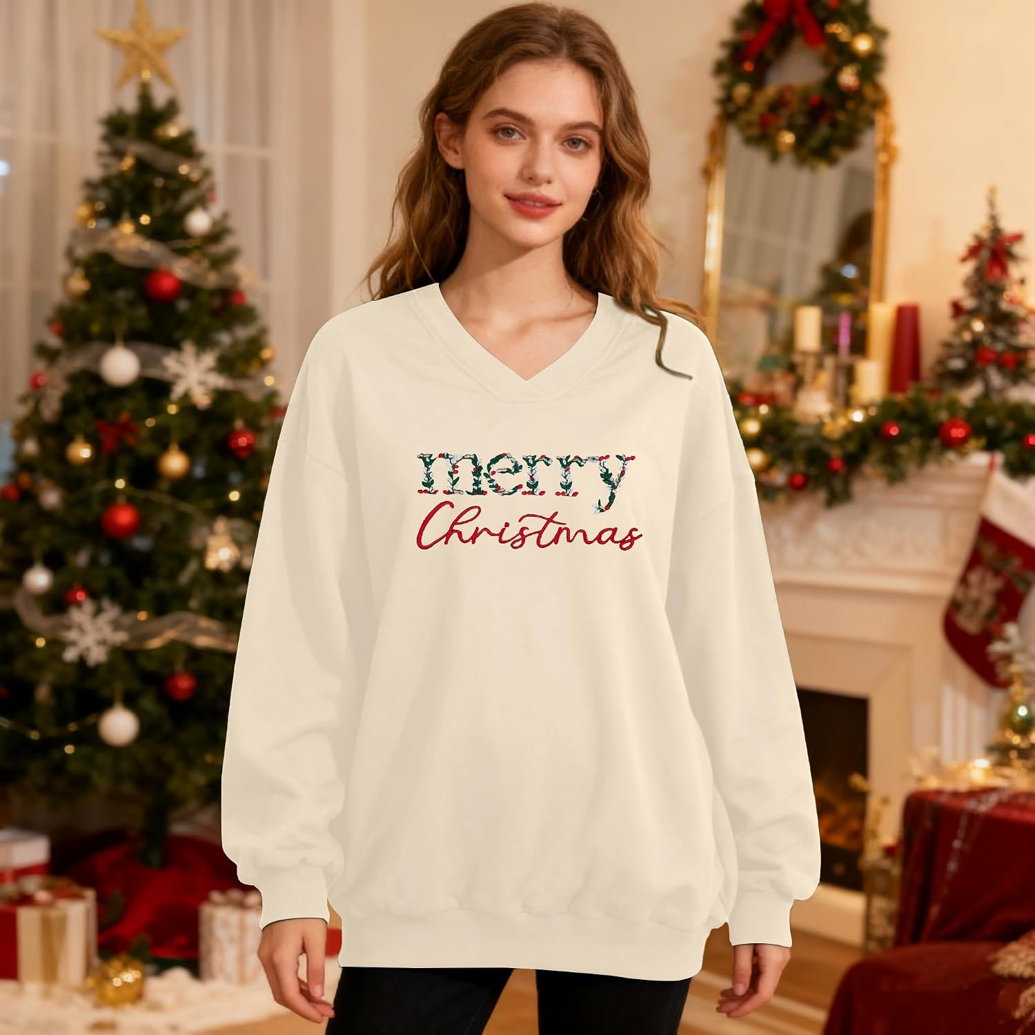 JINTING Chiristmas Sweatshirt Merry Christmas Shirts for Women V Neck Long Sleeve Oversized Pullover Tops