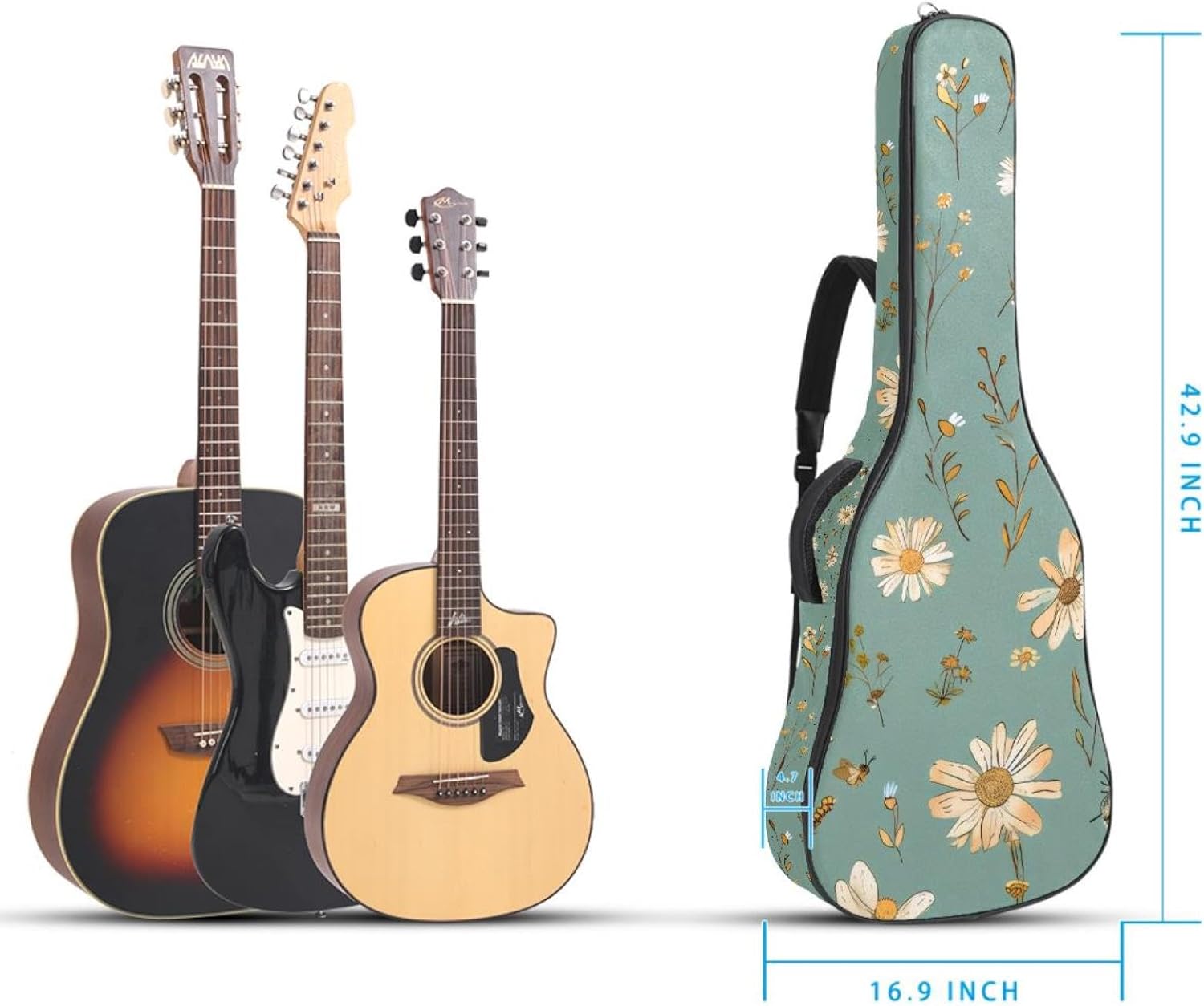 Acoustic Guitar Gig Bag 1 cm Thick Padding, Waterproof Electric Guitar Bag 40-42 Inch Guitar Case Backpack with Dual Shoulder Strap, Cute Bees and Daisies Flowers on Green Background