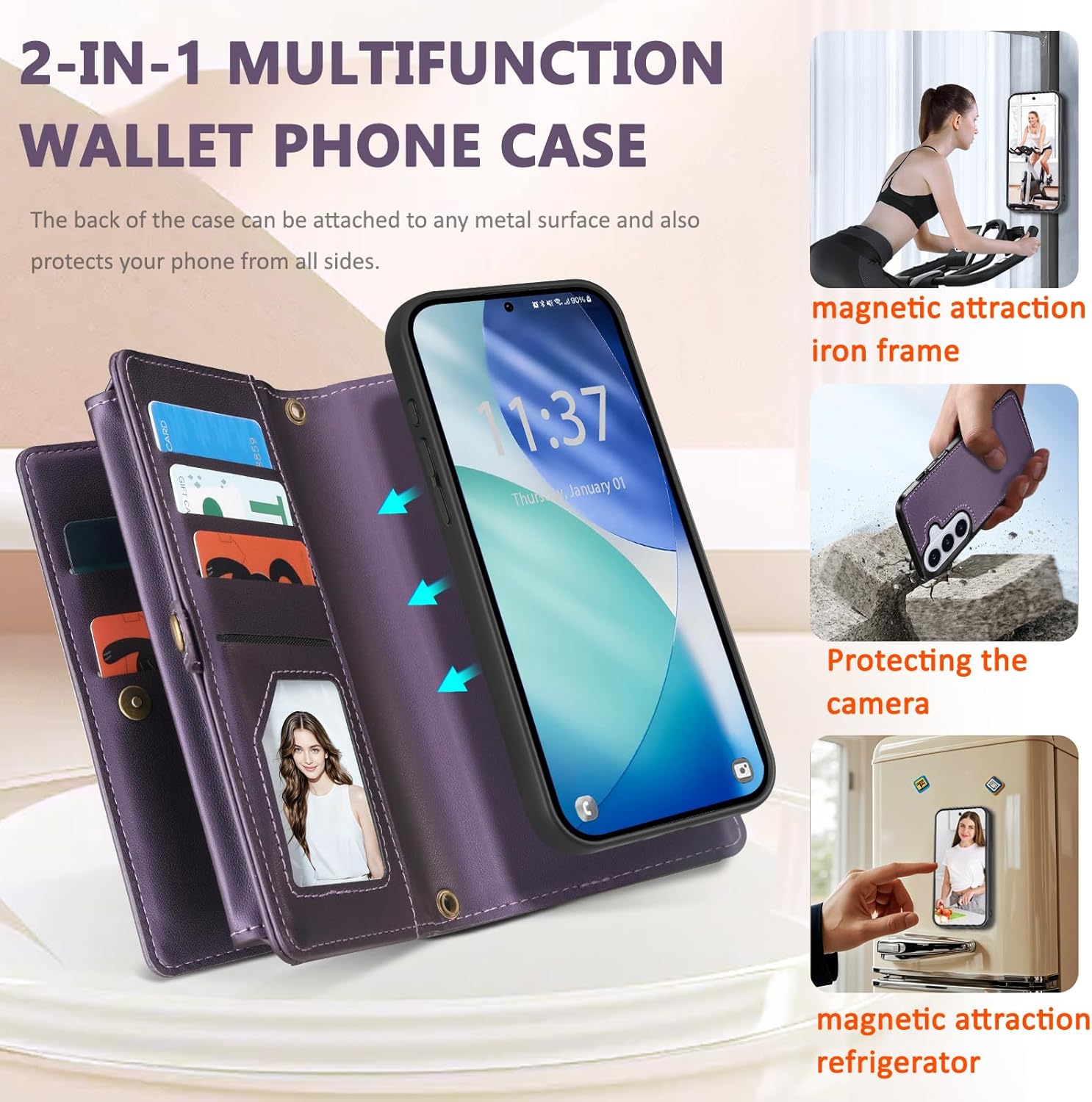 for Samsumg Galaxy S26 Wallet Case, Detachable Magnetic Phone Case,Faux Leather Strap Wallet,with RFID Blocking,Zipper Card Holder,Shoulder Straps (Purple)