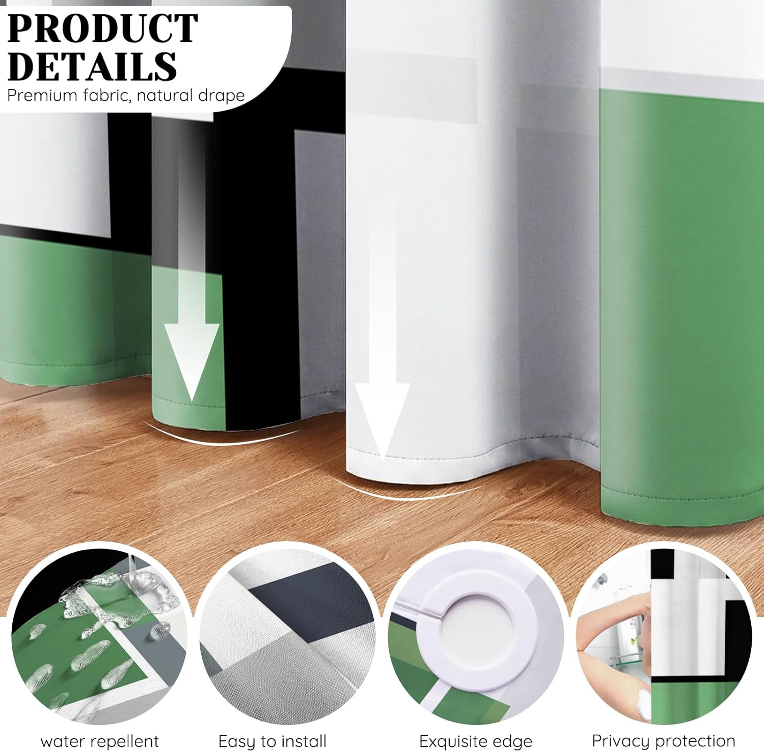 71x74 Green No Hooks Shower Curtain, Easy Install, Green Black White Striped Shower Curtains for Bathroom,Geometric Waterproof Bathroom Curtain for Modern Homes