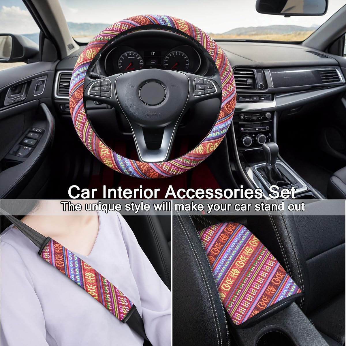 Boho Steering Wheel Cover Set, Seat Belt Cover and Armrest Pad Bohemian Cloth Car Steering Wheel for Women Flax Ethnic Style Steering Wheel Accessories Cover Anti-Slip Fits 14 1/2-15 Inch - Red