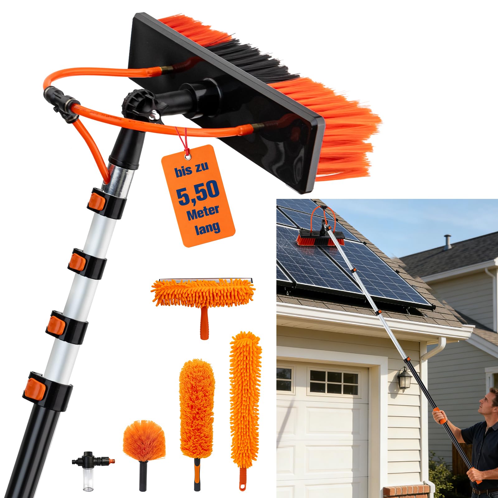 5,5 m Teleskop Waschbürste mit Wasseranschluss, Teleskopstange Reinigungsset mit 180° Bürstenkopf & Seifenspender, Waschbürste mit Teleskopstiel für PV-Anlage, Wintergarten, Terrassendach, Fenster | 5,5 m Teleskop Waschbürste mit Wasseranschluss, Teleskop