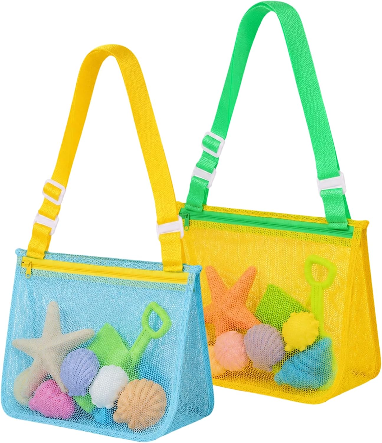 Shell Bags for Beach, Seashell Collecting Bag with Adjustable Shoulder Straps and Zippers, 2 Pcs Mesh Beach Bags for Shells, Swimming Accessories for Boys and Girls
