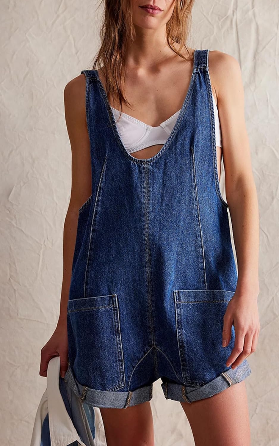 loveimgs Women's Short Denim Overall Jumpsuits Casual Sleeveless V Neck Rolled Barrel Baggy Jeans Shorts Romper