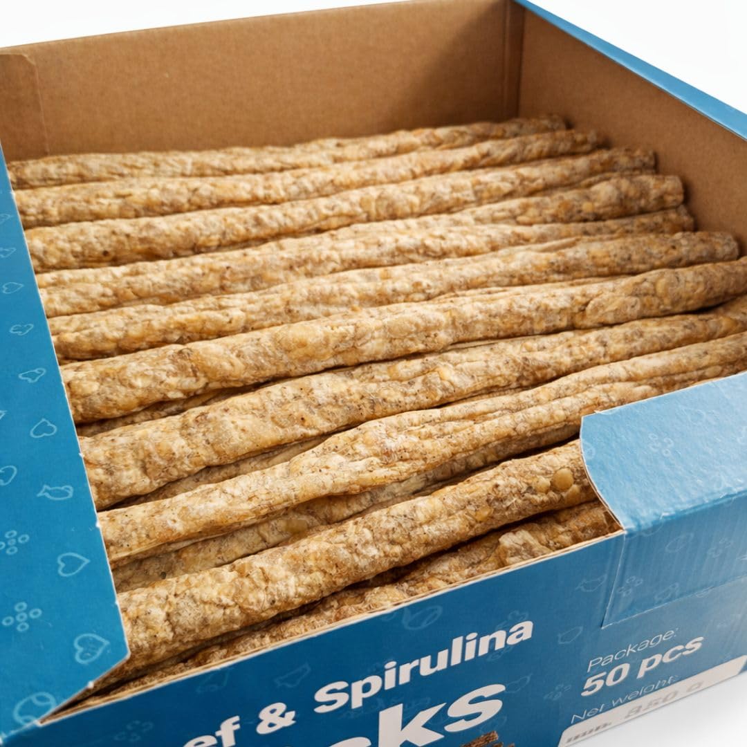 ANIMALUJOS Sticks para Perros Ternera y Espirulina o Huesos Ternera y Calabaza | Snacks Naturales Sin Cereales | Barritas Dentales para Perros | Masticables (50, Stick Ternera y Espirulina)