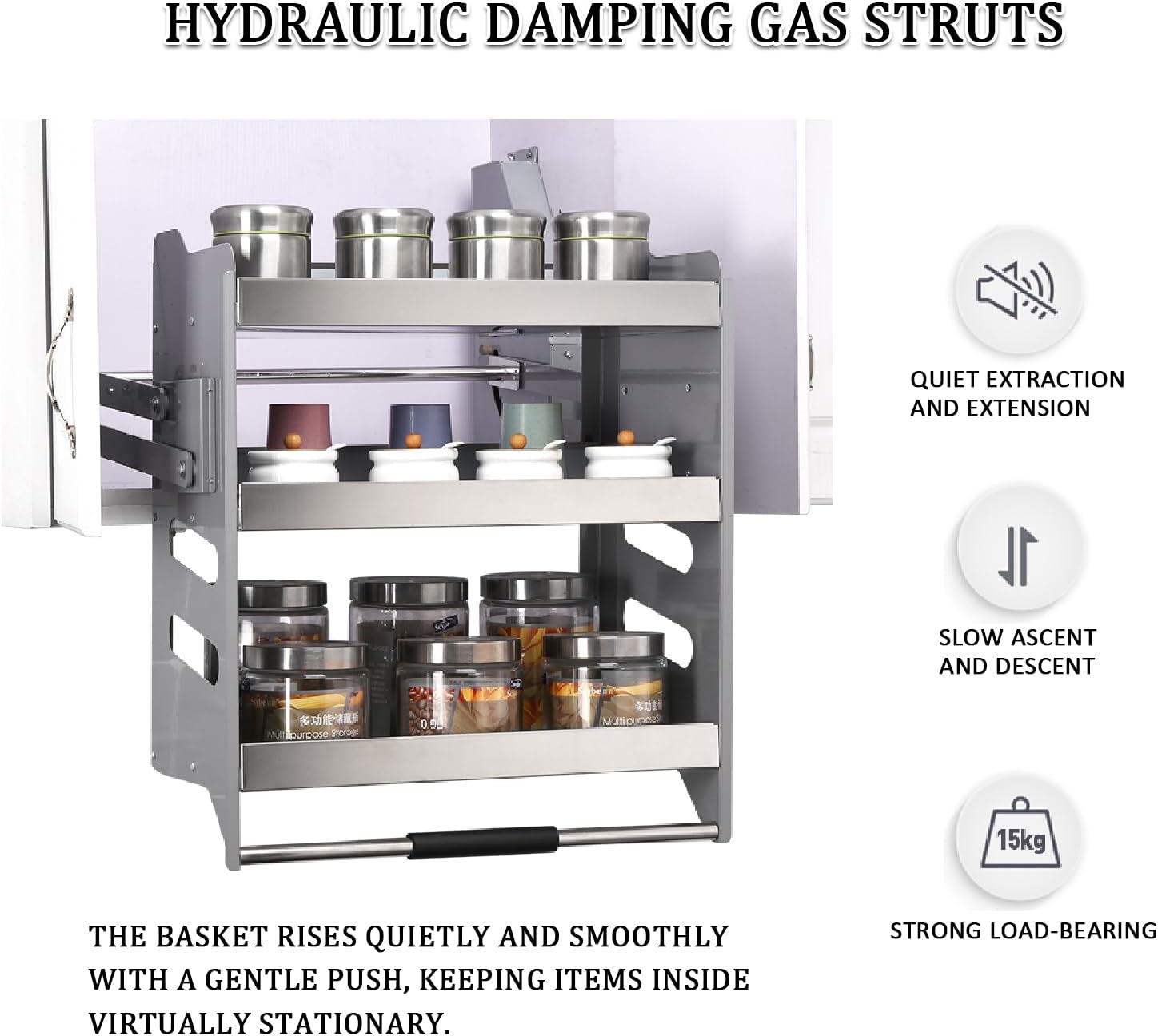 3-Tier Pull Down Cabinet Organizer, pull down shelf, Stainless Steel Adjustable Shelf for Kitchen Wall Cabinet, Heavy-Duty Lift Basket for Spices, Dishes, and Bottles, 15kg Capacity Storage Rack