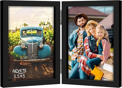 AEVETE 3.5x5 Picture Frames Double Hinged Wood Folding Photo Frames Black