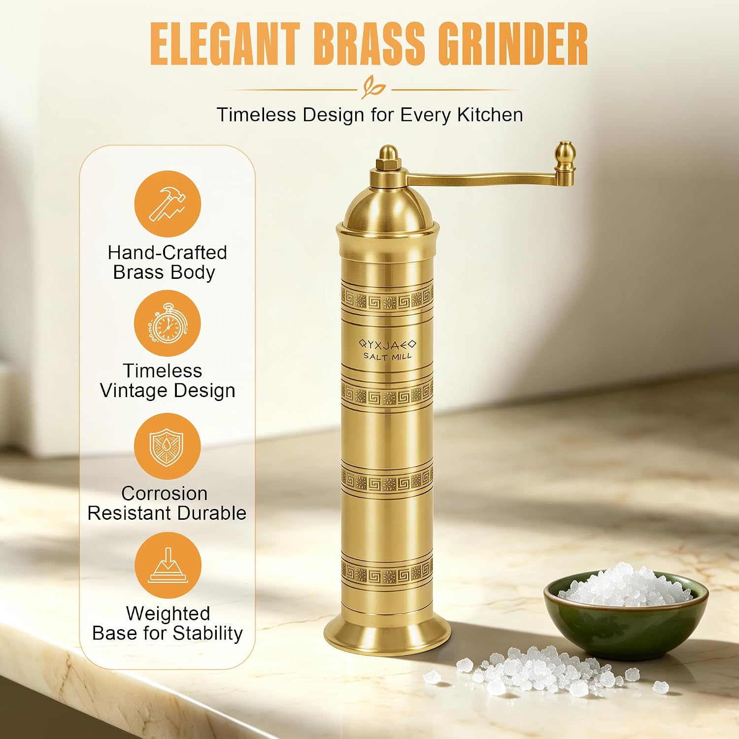 Brass Salt Grinder, 8 Inch Gold Manual Salt Mill with Ceramic Core