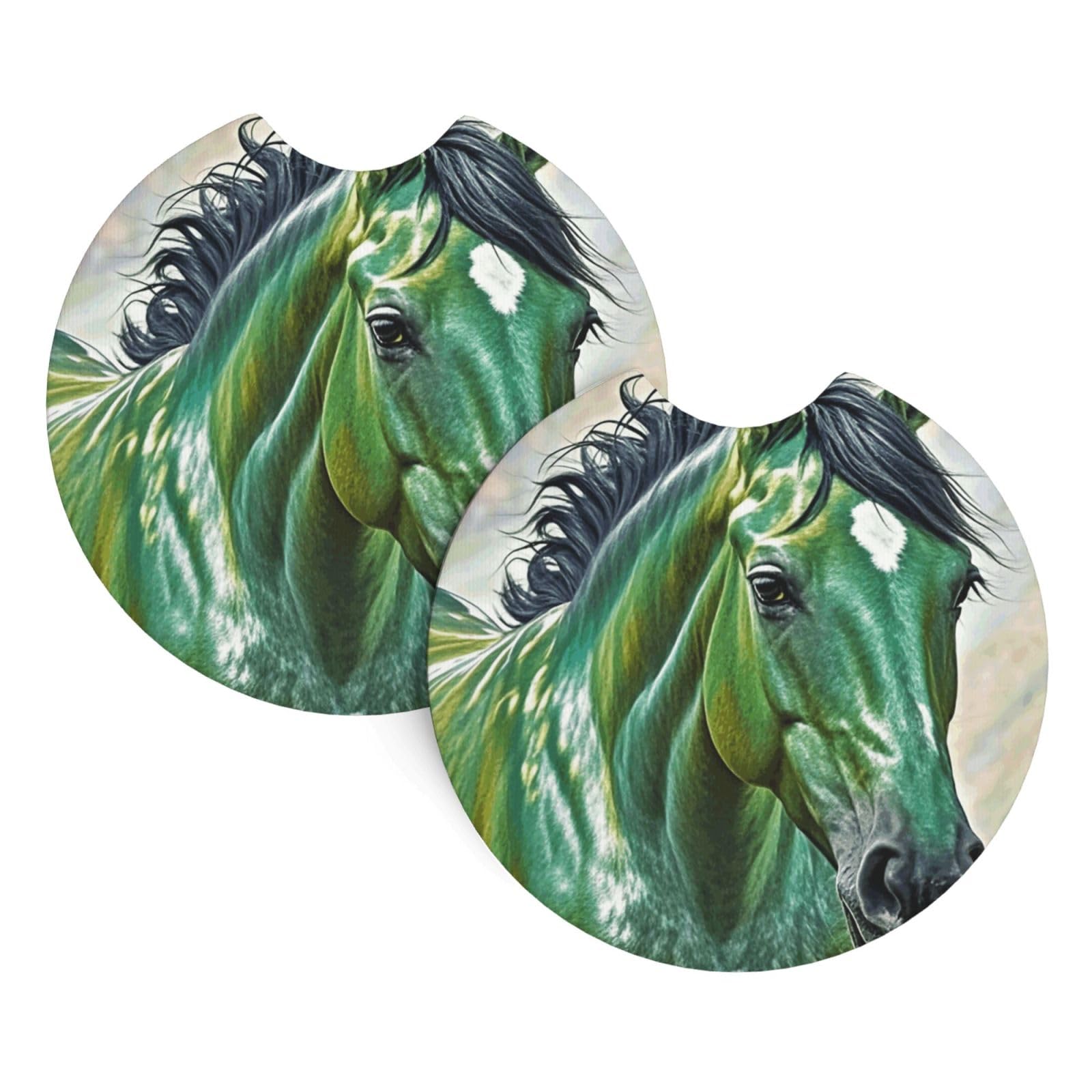 2 Pack Car Coaster for Cup Holders Green Horse Car Cup Coaster 2.7" Neoprene Non-Slip Automotive Cup Mat Universal Auto Car Interior Accessories for Women Men Cup Pad