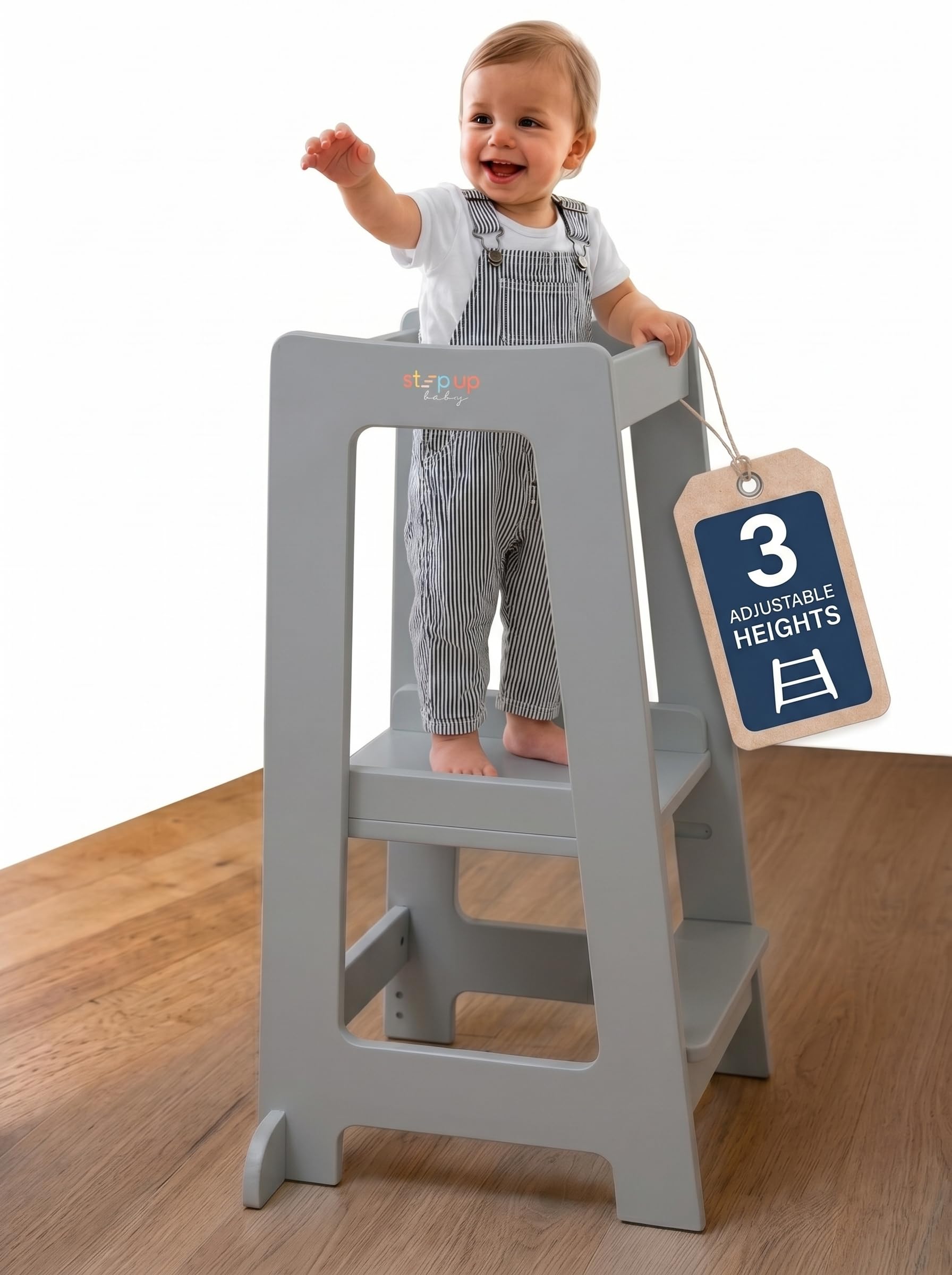 Toddler Tower 3-Level Adjustable Wooden Toddler Step Stool Grey | Toddler standing tower with 3 height levels, Montessori inspired sturdy design, Fits under counter, for 18M - 4Y