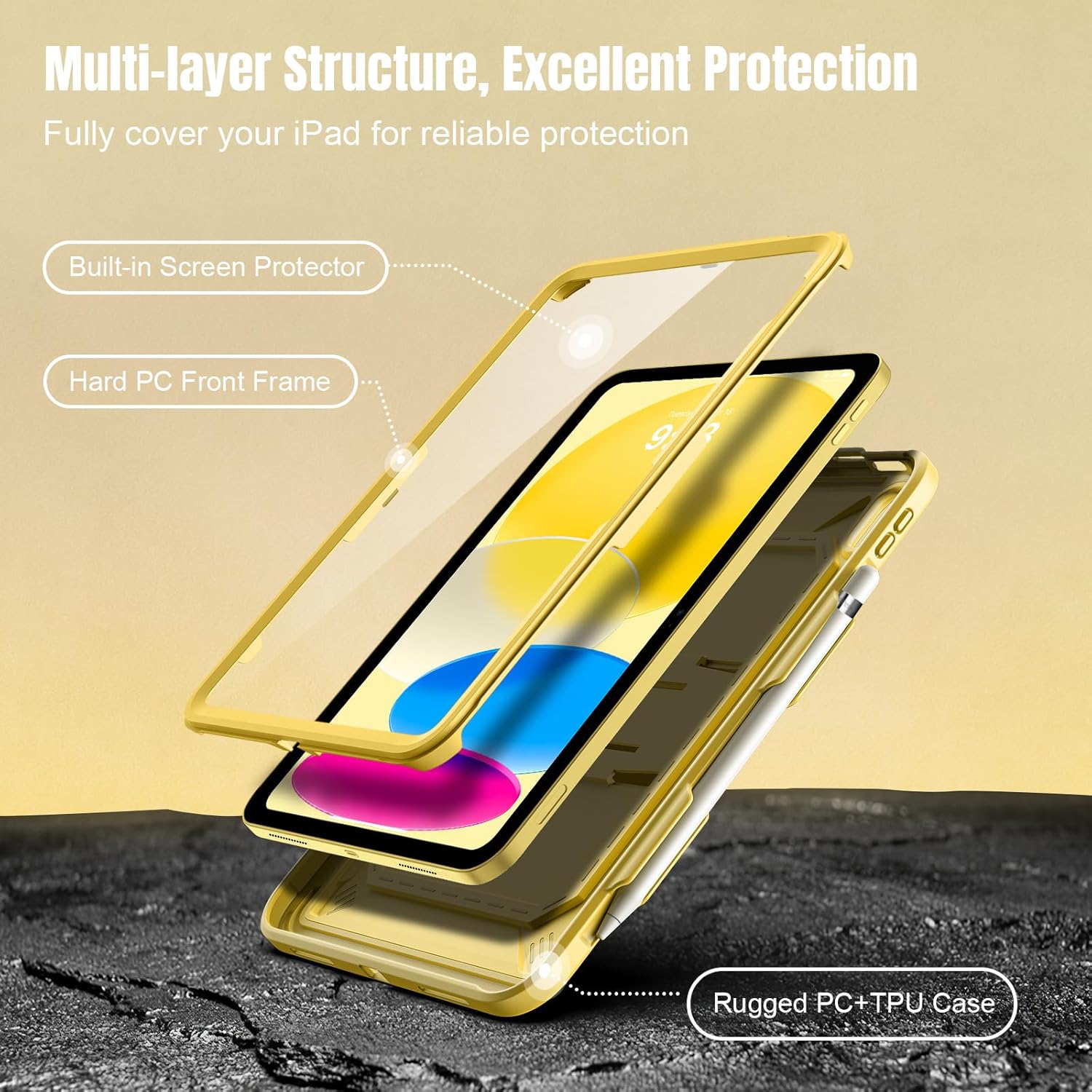 TiMOVO Case for iPad (A16) 11th Generation 11 Inch 2025, iPad 10th Generation Case 2022 with Screen Protector, Heavy Duty Shockproof Rugged Protective Cover, Light Yellow