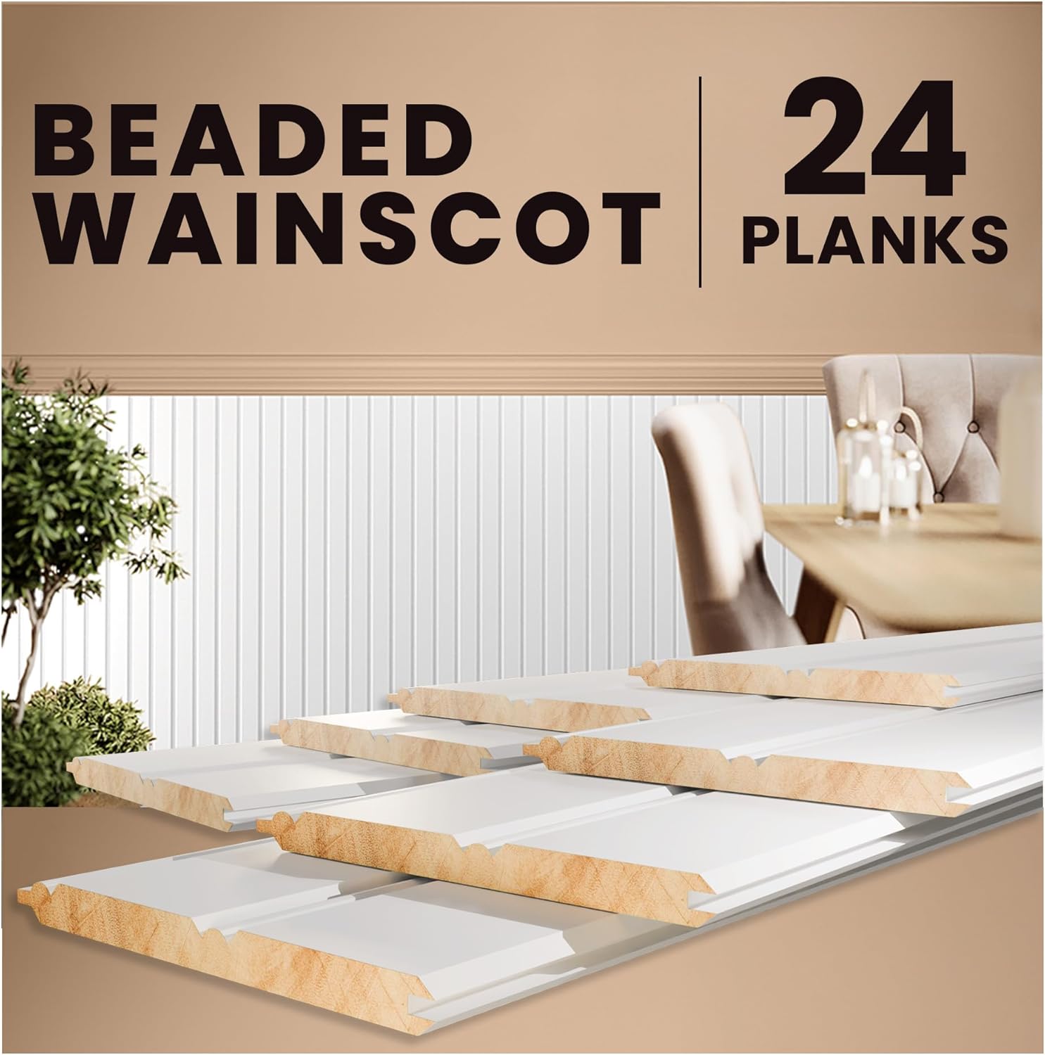 Interwood Real Wood Beadboard Wainscoting Panels - Primed Tongue and Groove Pine Solid Wood Wall Panels, 32” Tall, Knot-Free Interior Wall Paneling, Ready to Paint, 24 Planks (Covers 7 Lin. Ft.)