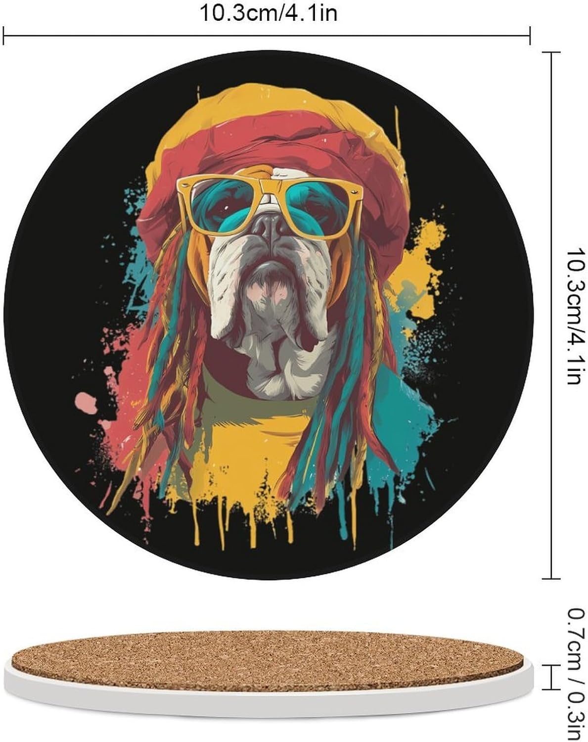 Bull Dog Rasta Round Ceramic Coasters for Drinks Absorbent Cup Holder Tabletop Protector with Cork Base