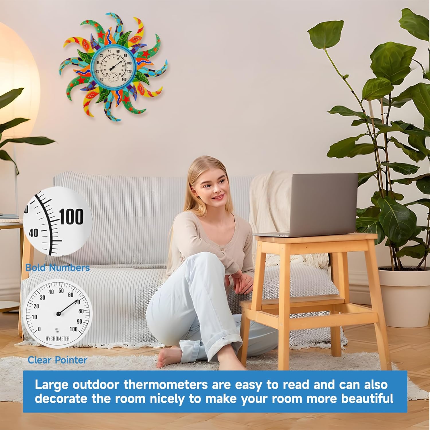 Large Blue Sun Outdoor Thermometer & Hygrometer Combo, 25'' Indoor Outdoor Wall-Mounted Thermometer Gauge, Decorative Indoor Outside Temperature Thermometer for Patio, Garden, Living Room,Kitchen