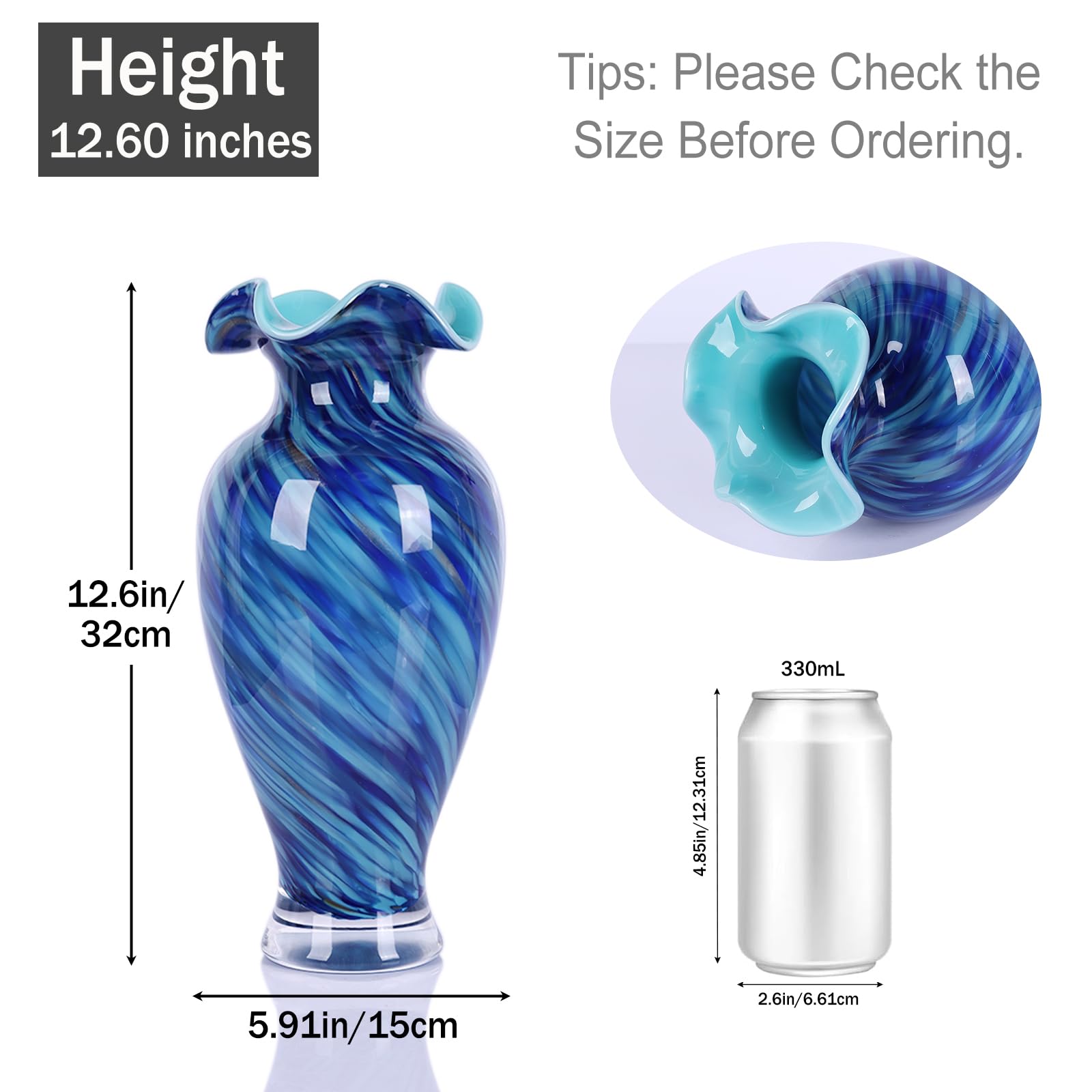 Vase en verre soufflé à la main – Joli vase à fleurs décoratif bleu, pour décoration d'intérieur moderne, pièce maîtresse idéale pour les salons, les tables à manger et les arrangements de mariage