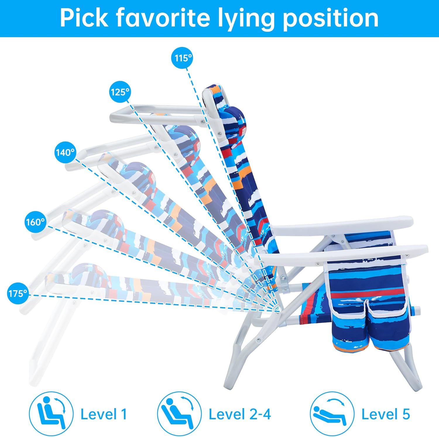 Beach Chair, Beach Chairs for Adults,Outdoor Folding Beach Chairs for Adults, Supports up to 350lbs with 5 Positions, Towel bar, Cooler Pouch, Storage Pouch.