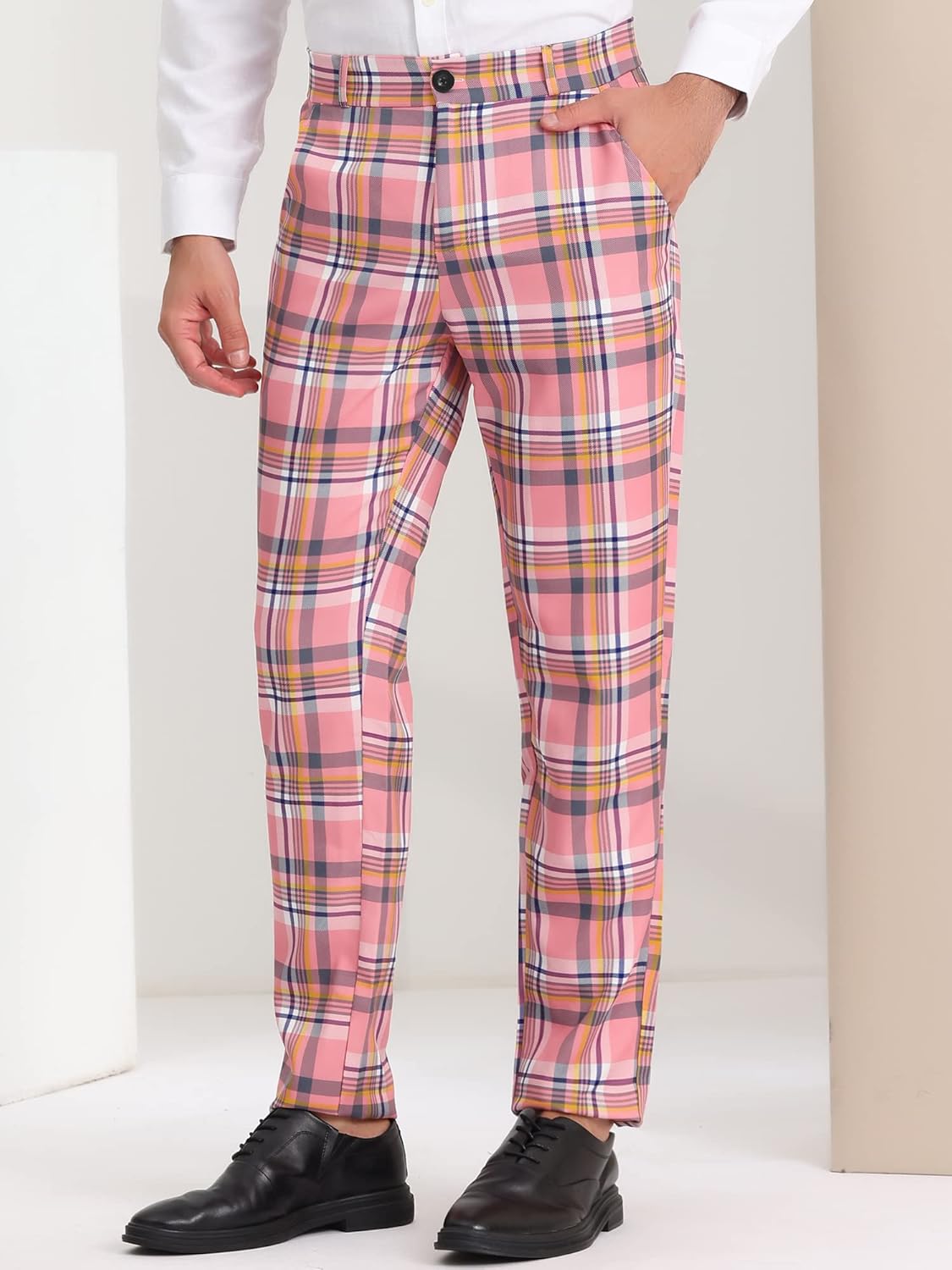 Lars Amadeus Men's Plaid Slacks Regular Fit Flat Front Work Prom Checked Dress Pants