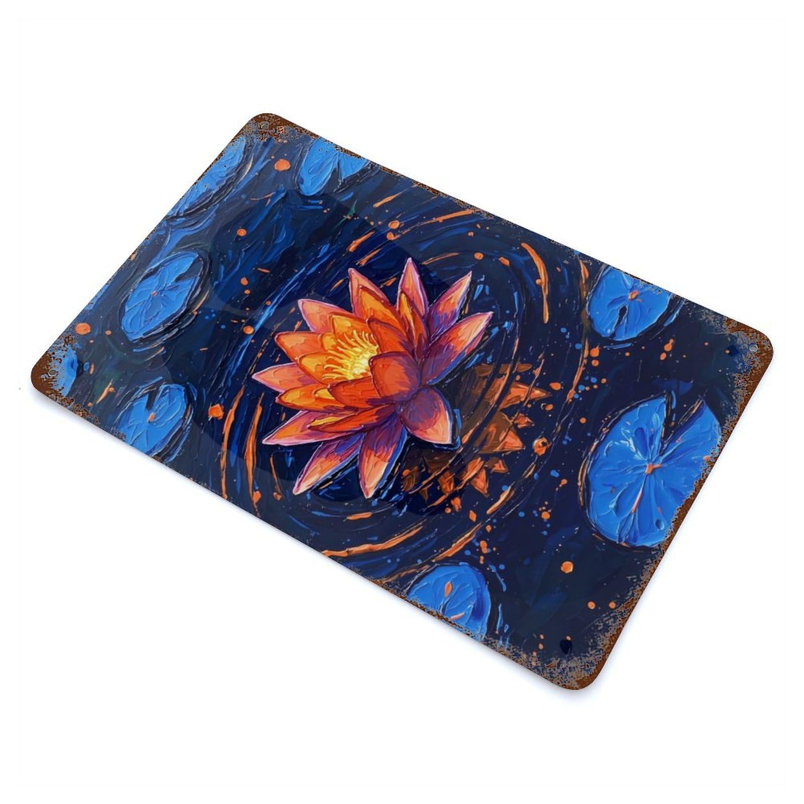 Vibrant Water Lily Painting Rusty Metal Tin Sign 11.8"x7.9", for Basement, Hobby Room And Garage Decor, Retro Wall Decor