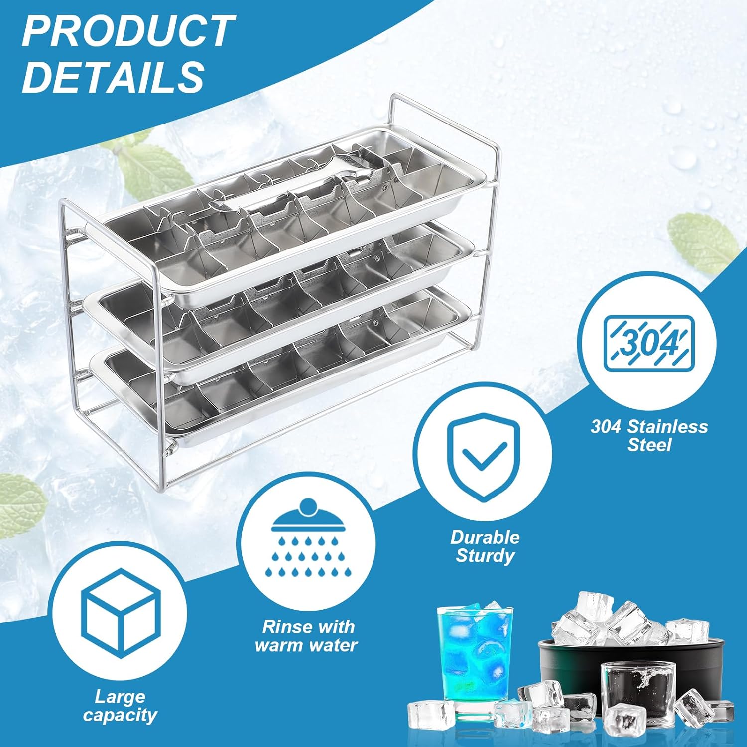 3 Pack 18-slot Stainless Steel Ice Cube Trays with Lever and Stand Metal Ice Cube Trays Stackable Retro Vintage Tray Non Toxic for Bars Kitchens Freezer Dishwasher Safe