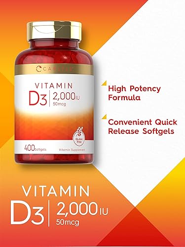 Miniatura 3 de Carlyle Vitamina D3 2000IU cápsulas blandas  400 unidades  Fórmula sin OMG, sin gluten  50 mcg  Suplemento de vitamina D
