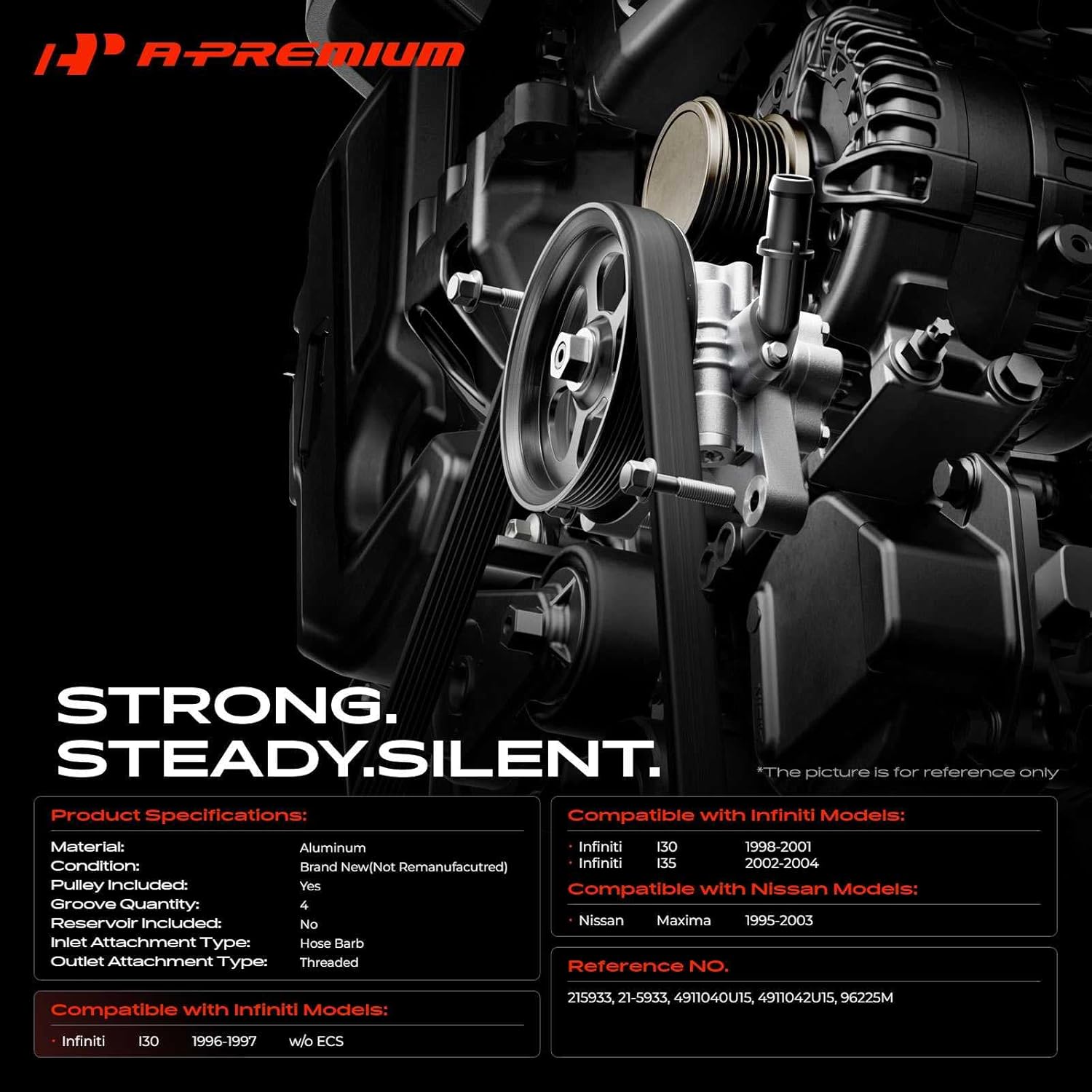 A-Premium Power Steering Pump, with Pulley & Bracket, Compatible with Nissan Maxima 1995-2003 & Infiniti I30 1996-2001, I35 2002-2004