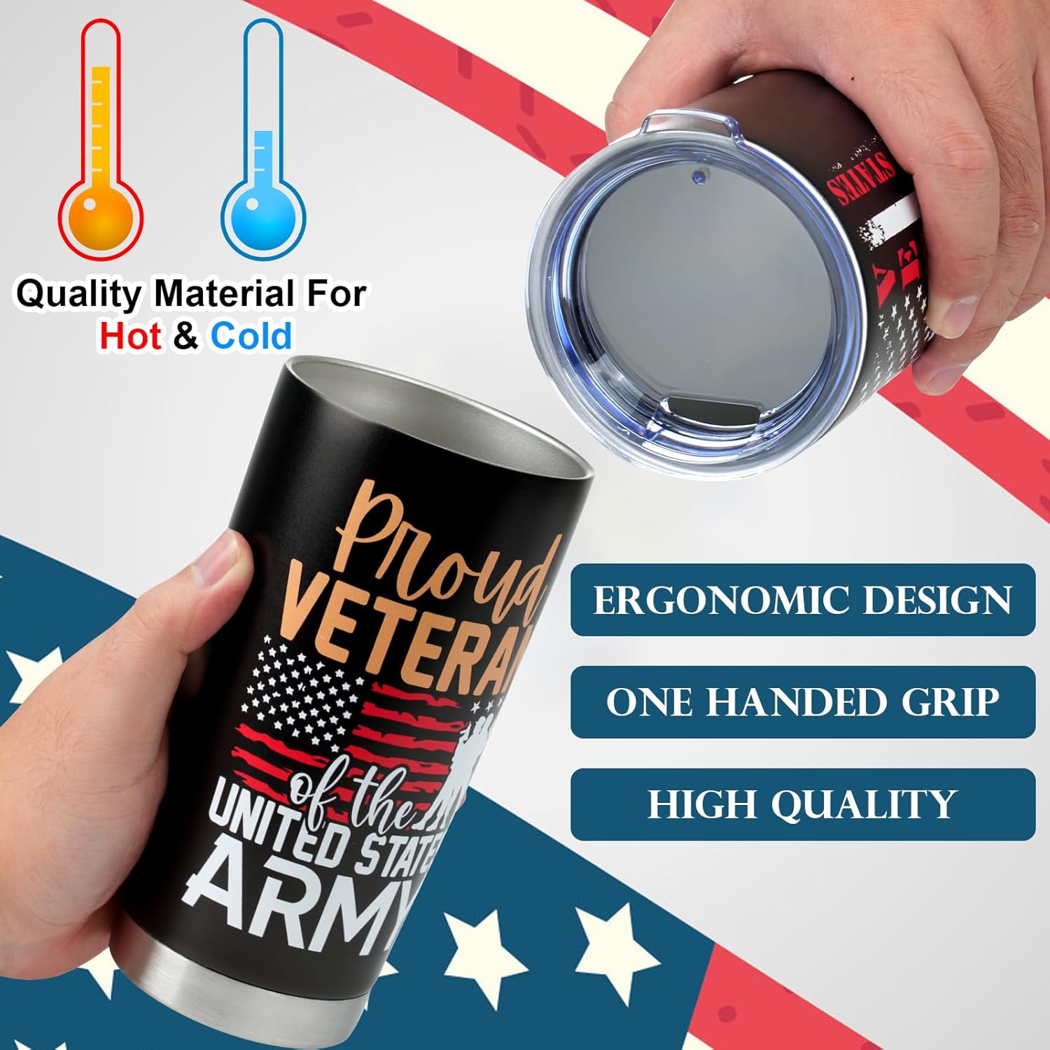 4 Pack Veteran Christmas Gifts Bulk for Men American Flag Tumbler Travel Mug and Keychain, Military 20 Oz Stainless Steel Coffee Tumbler, Army Gifts for Birthday Christmas Veterans Day Gift - Image 4