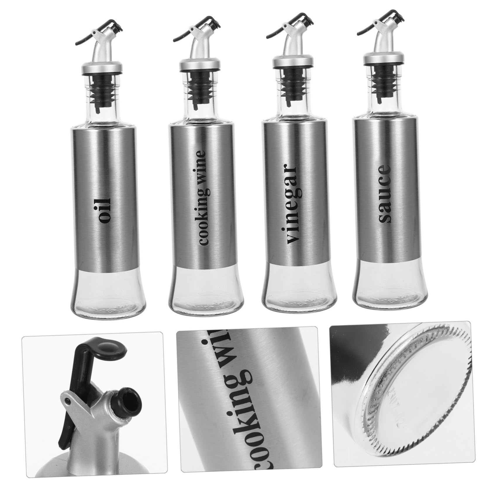 Dispensadoras de Aceite y Vinagre de Vidrio y Acero Inoxidable Juego de 4 Botellas Diseño Antigoteo Elegante 300ml para Restaurantes y Cocina