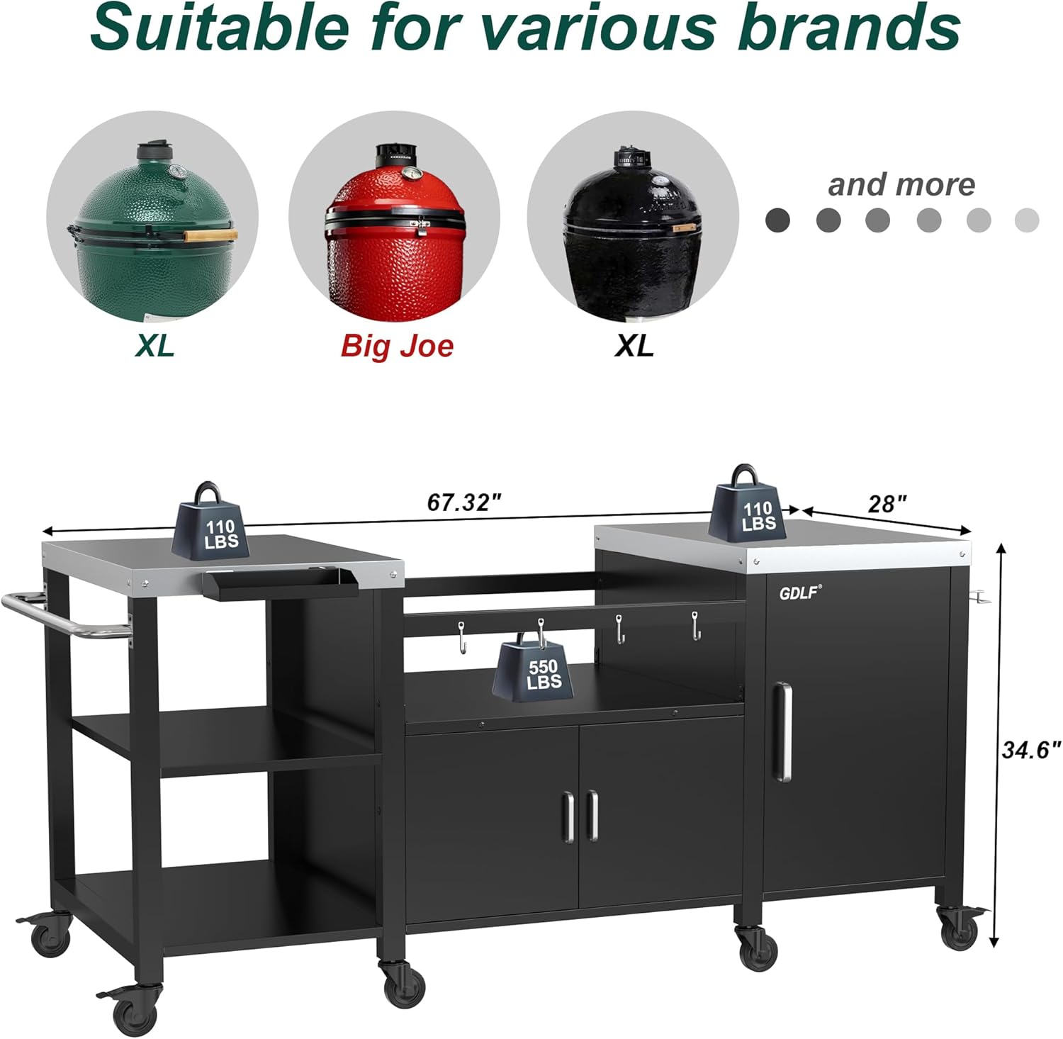 Outdoor Grill Table for Big Green Egg, Metal Grill Cart Compatible with XL Green Egg,Big Joe,Primo XL,Waterproof Cover Included