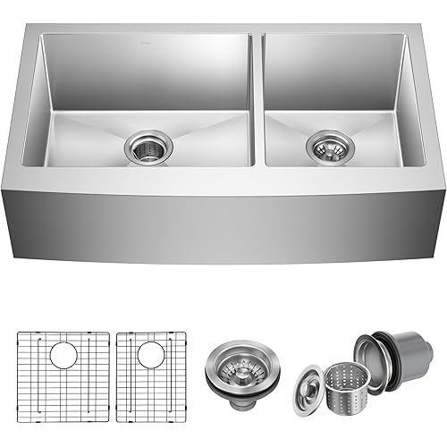 Kraus KHF203-36 Standart PRO Kitchen Stainless Steel Sink, 36 Inch Round Apron 60/40 Double Bowl