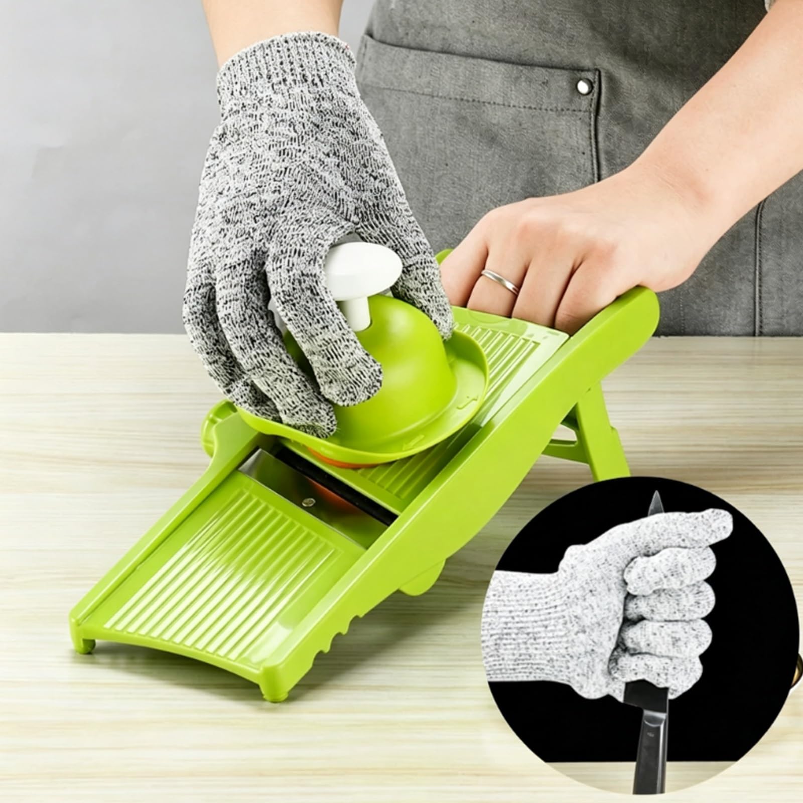 Mandolina de Cocina Ajustable, Cortador Patatas y Verduras Manual, con Protector de Seguridad y Guantes, 9 Ajustes Grosor, Juliana, Rebanada, Dados Corte Ondulado