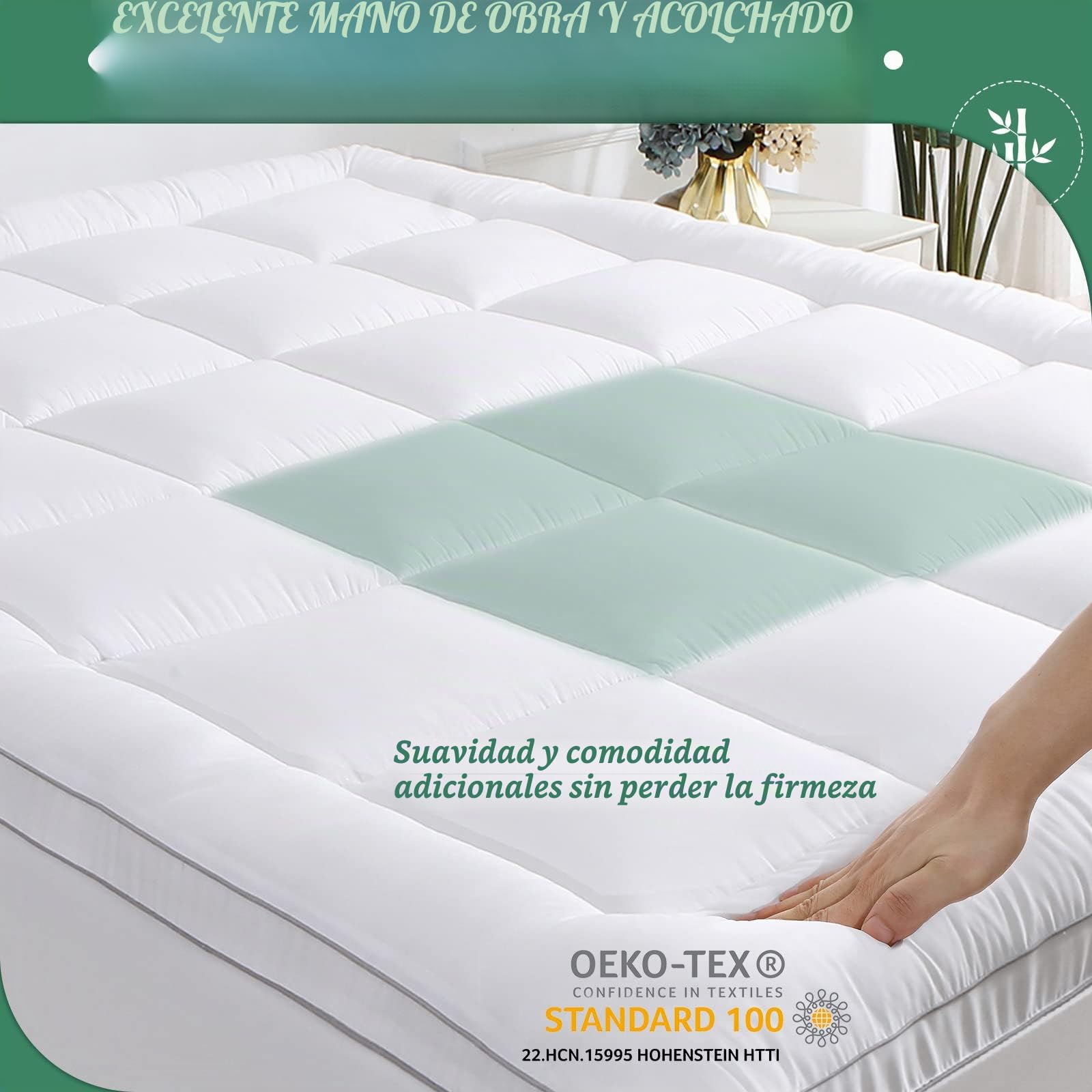 GRT sobrecolchón 150x200x6 cm, con Superficie de Fibra de bambú y Relleno Alternativo de Copos 3D. Este Topper es Transpirable, Ultra Suave y silencioso