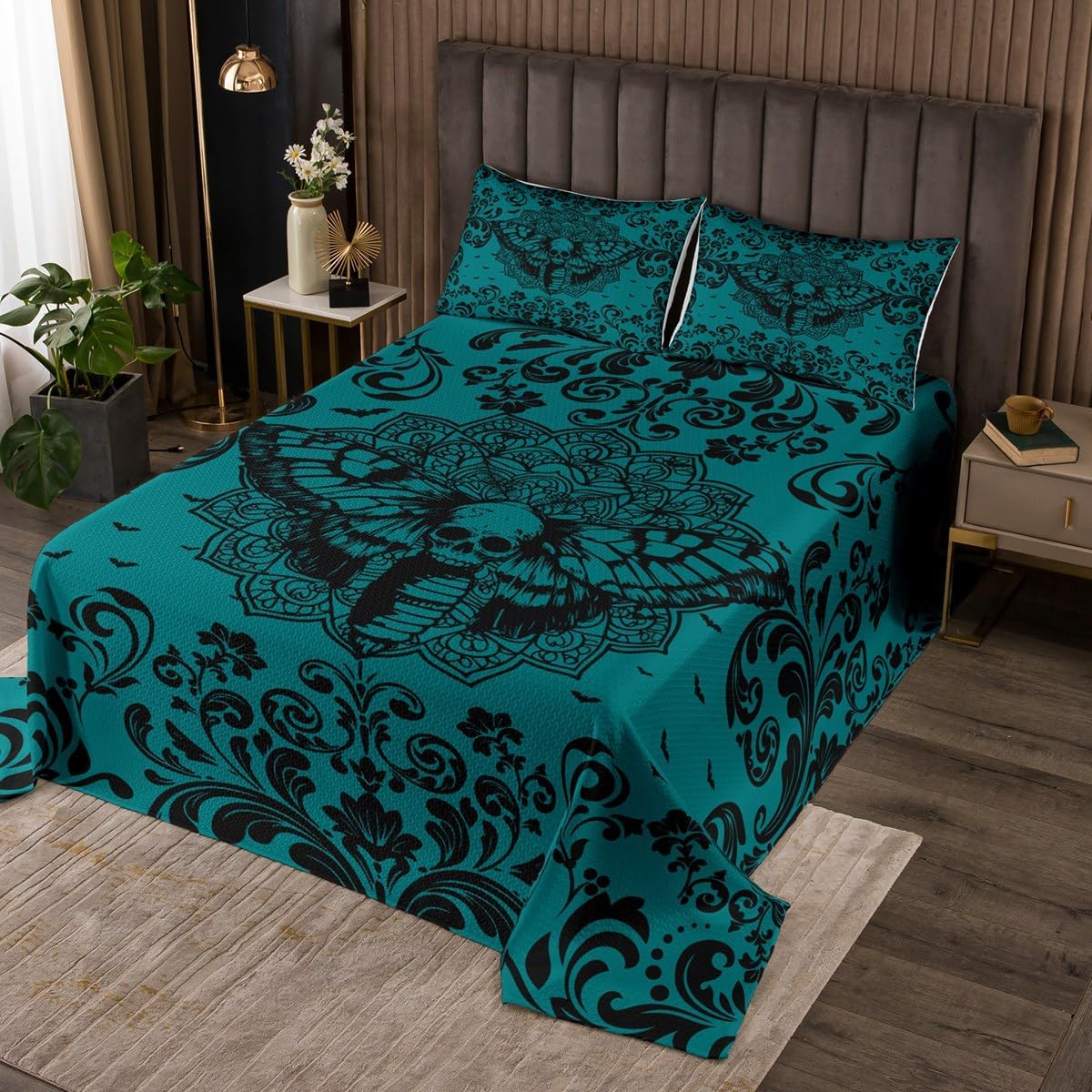 Erosebridal Halloween Moth Pattern Coverlet Set Queen Turquoise Black Gothic Bedspread Goth Boho Damask Floral Quilt Set for Kids Adults,Halloween Animal Print Bedding Quilted