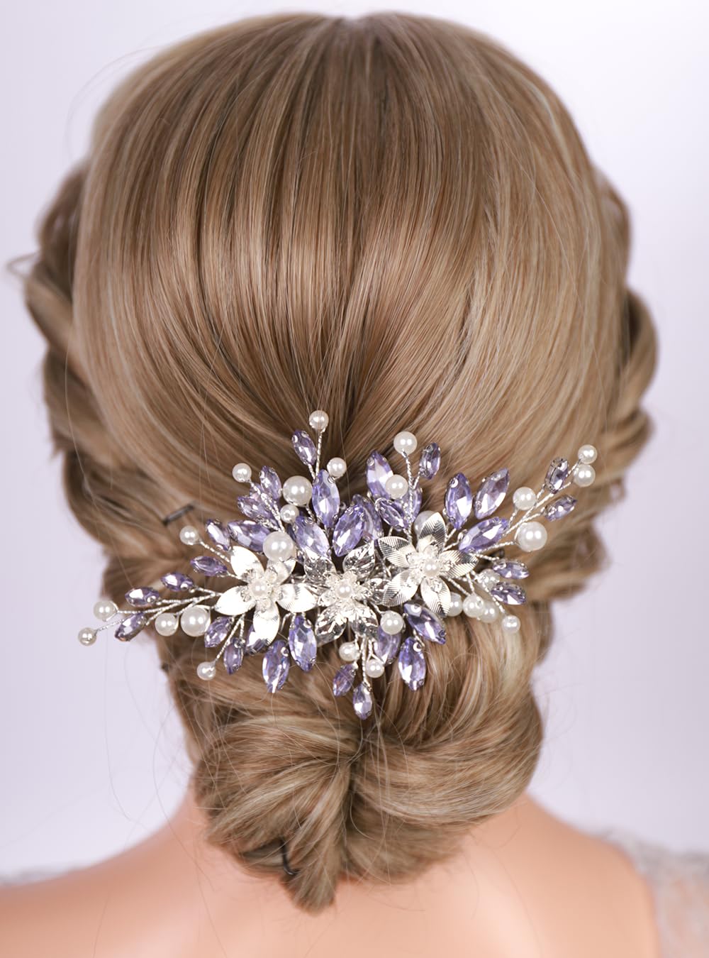 AB Color Rhinestones Beads Hair Comb for Wedding Brides Bridesmaid Women Handmade Silver Flower Jewelry (AB Color)