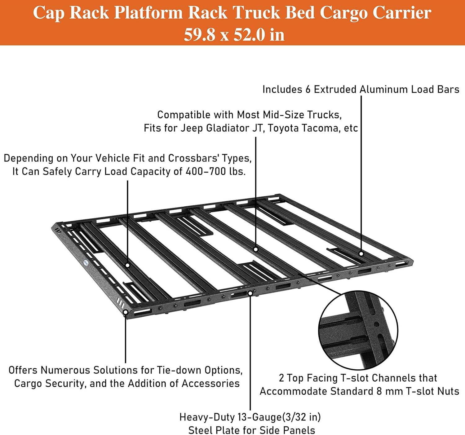 Hooke Road Mid-Size Truck Bed Rack Roof Rack Top Storage Platform Universal for Jeep Gladiator JT, Toyota Tacoma, Chevy Colorado, Ford Ranger Pickup