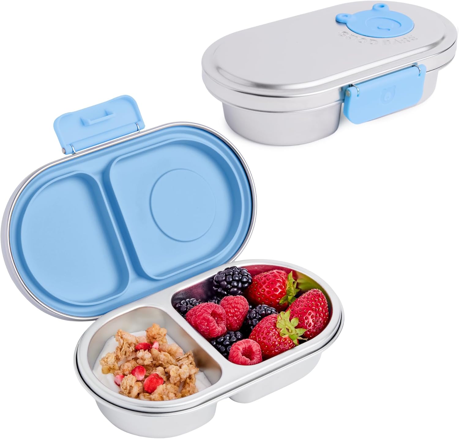 Good Bare Stainless Steel Snack Container for Kids – 2 Compartment Metal Bento Box, Leakproof, Non-Toxic, Easy-Open Latch, Dishwasher Safe, Small Snack Pack, Perfect for On-the-Go (Sky Blue)