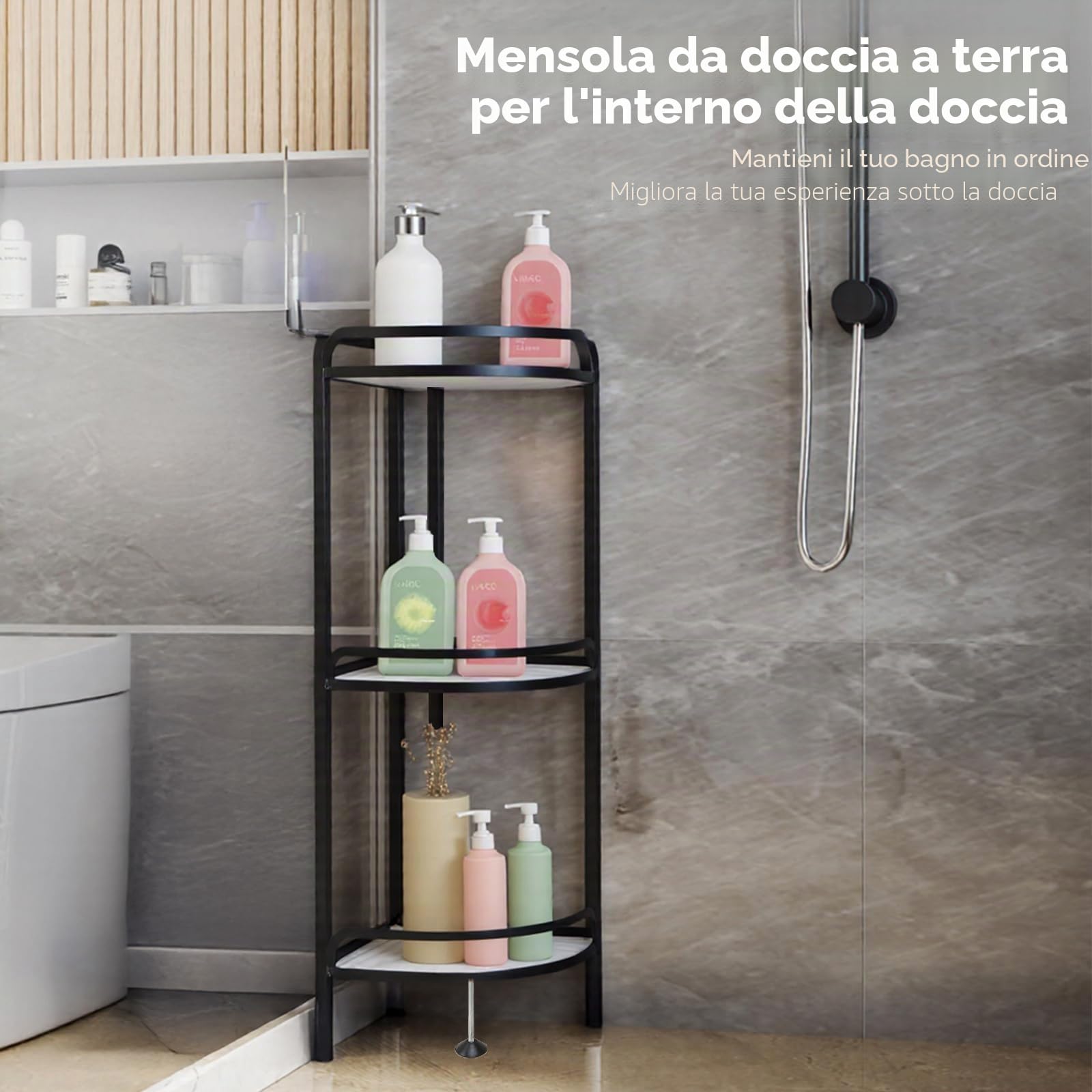 Scaffale da doccia a 3 livelli, in piedi senza foratura, può trasportare fino a 35 kg, materiale ispessito e durevole, per bagno e cucina (nero)
