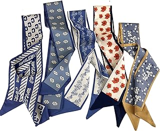 NCDUANSAN Retro small silk scarf girl heart spring and summer narrow ribbon headband headband bag decoration long scarf headdress (blue hair band 5pcs)