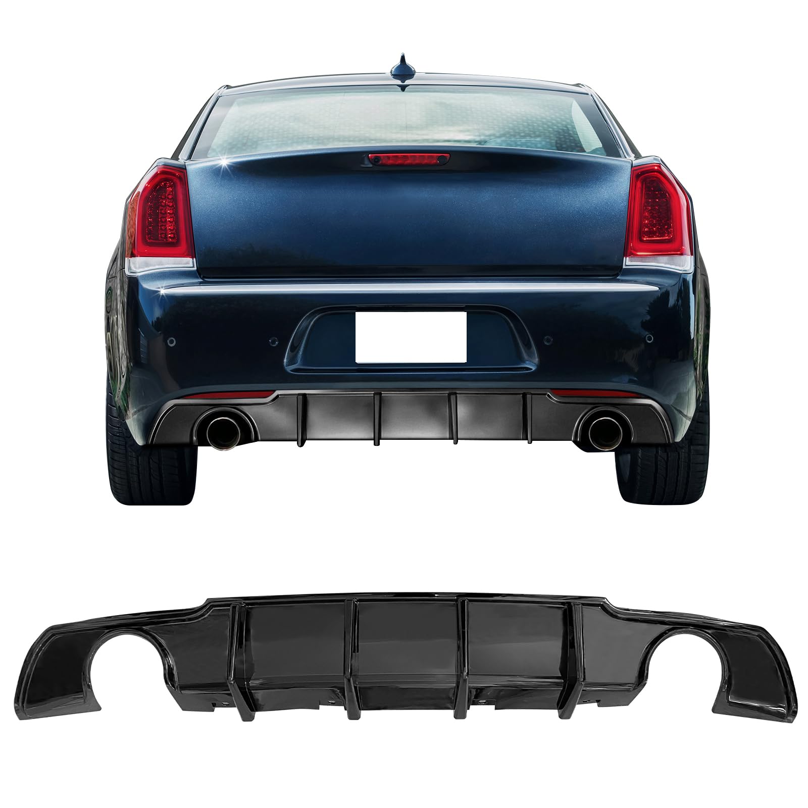 IKON MOTORSPORTS Rear Diffuser, Compatible with 2015-2023 Chrysler 300, Shark Fin Style Gloss Black PP Lower Valance Bumper Lip