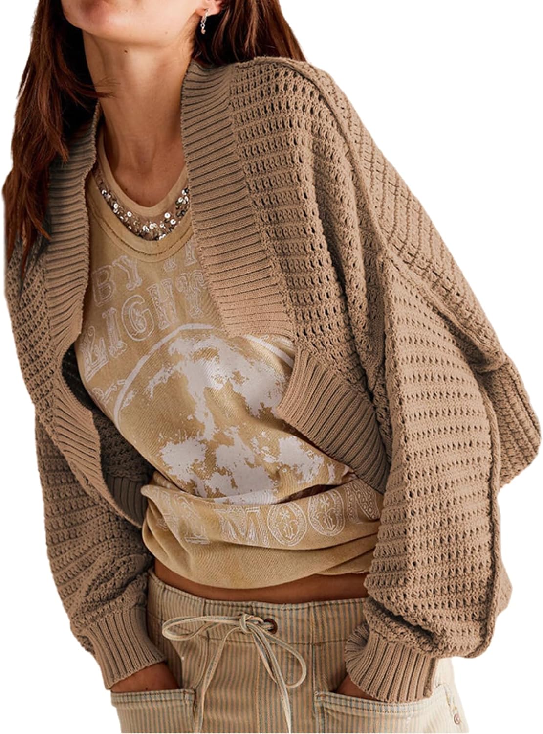 Women's Shrug Cardigan Sweater Trendy Bat Long Sleeve Open Front Chunky Knit Jumper Top