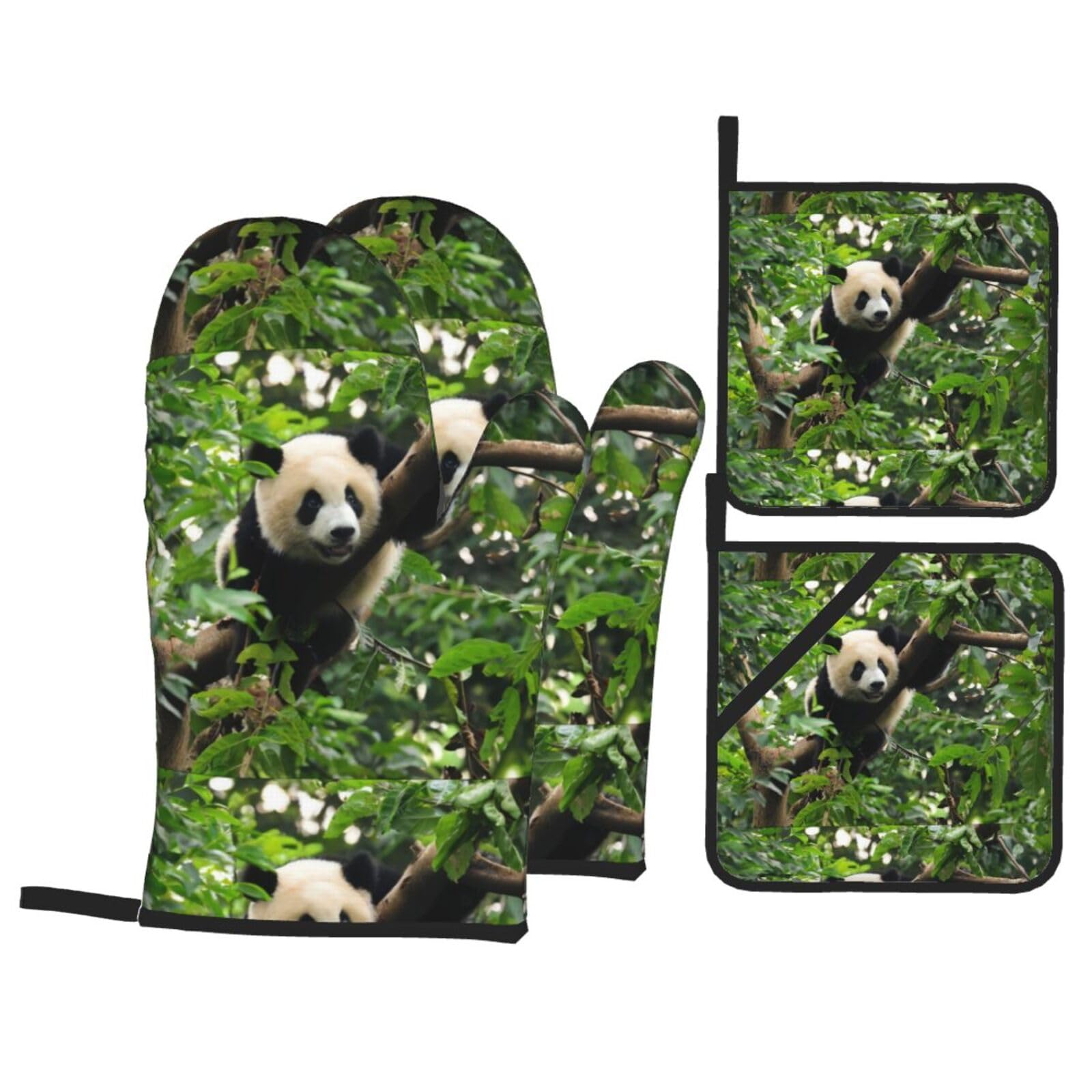 YYHHAOFA Panda Tree Prints Kitchen Baking Set with Heat Resistant Pot Holders & Oven Mitts - Waterproof Layer for Hot Dishes, Grill & Microwave